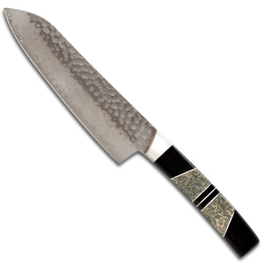 5" Santoku Hammer Damascus (VG-10 Core) – Apache Gold with Jet — studio view