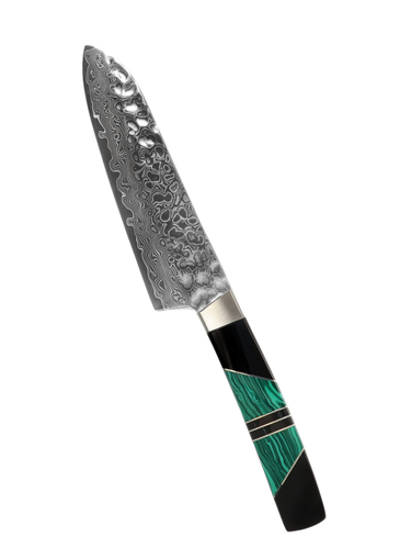 5" Santoku Hammer Damascus (VG-10 Core) – Malachite with Jet — studio view