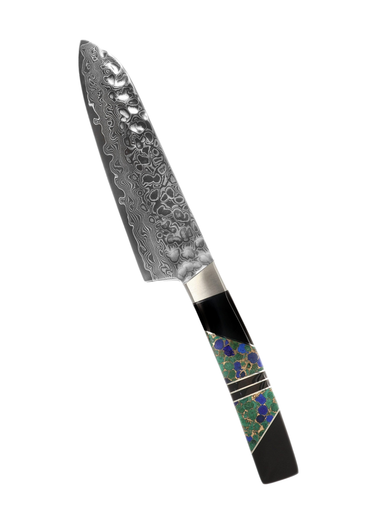5" Santoku Hammer Damascus (VG-10 Core) – Azurite & Bronze — studio view