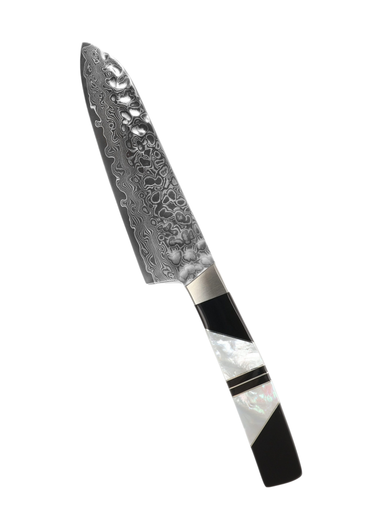 5" Santoku Hammer Damascus (VG-10 Core) – Mother of Pearl with Jet — studio view