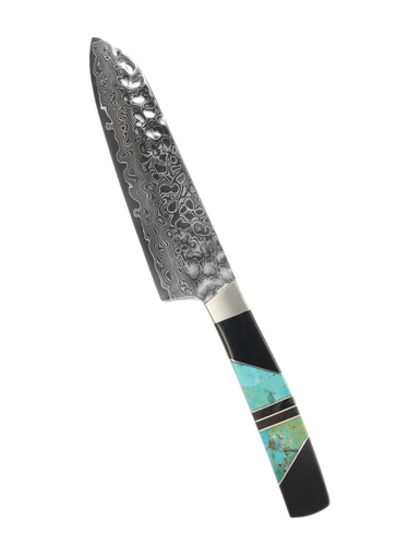 5" Santoku Hammer Damascus (VG-10 Core) – Turquoise with Jet — studio view