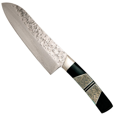 7" Santoku Hammer Damascus (VG-10 Core) – Apache Gold with Jet — studio view