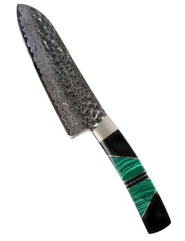 7" Santoku Hammer Damascus (VG-10 Core) – Malachite with Jet — studio view