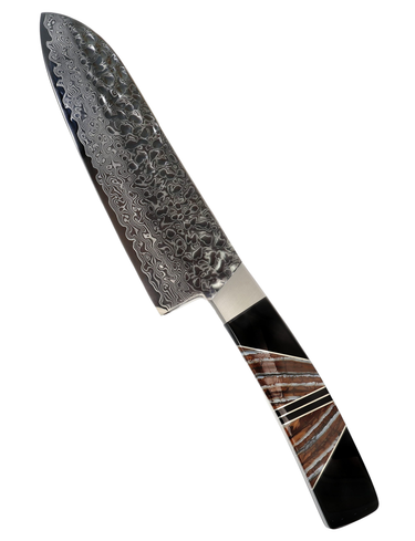 7" Santoku Hammer Damascus (VG-10 Core) – Natural Mammoth Tooth with Jet — studio view