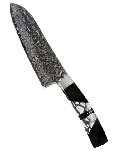 7" Santoku Hammer Damascus (VG-10 Core) – White Mammoth Tusk with Jet — studio view