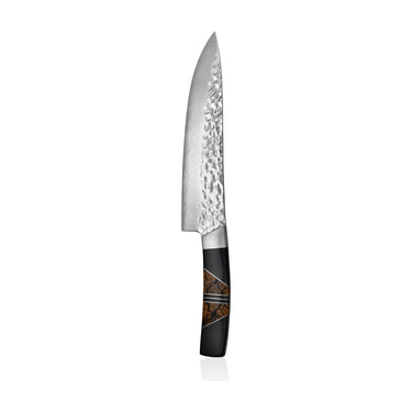 Hammered Damascus, Woolly Mammoth Fossilized Tusk with Jet, 8in Chefs Kitchen Knife