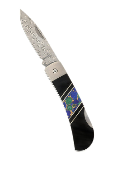 3" Damascus Lockback — Jet, Azurite, Bronze and Lapis — Open
