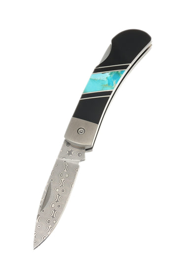 3" Lockback 110-Layer Stainless Damascus – Kingman Turquoise with Jet — open, blade down