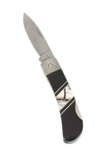 3" Lockback 110-Layer Stainless Damascus – White Mammoth Tusk with Jet — open