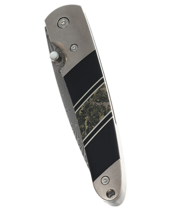 4" Liner Lock 110-Layer Stainless Damascus – Apache Gold with Jet — closed