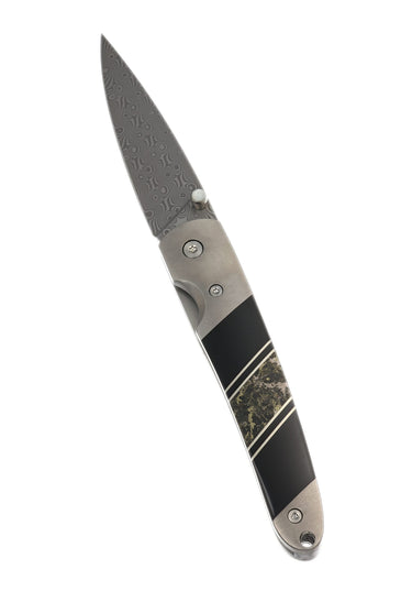 4" Liner Lock 110-Layer Stainless Damascus – Apache Gold with Jet — open
