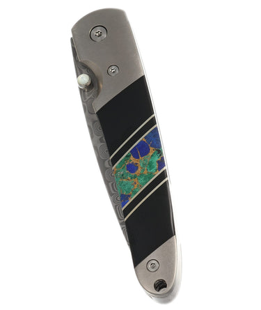 4" Liner Lock 110-Layer Stainless Damascus – Azurite & Bronze with Jet — closed