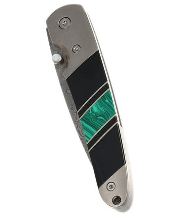 4" Liner Lock 110-Layer Stainless Damascus – Malachite with Jet — closed