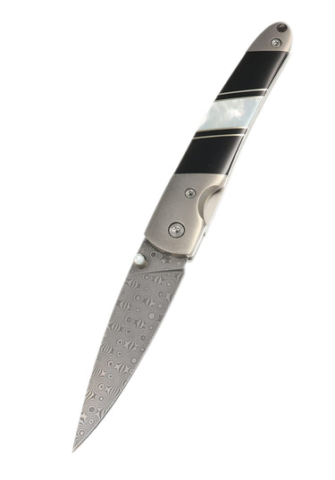 4" Damascus Liner Lock — Jet, Mother-of-Pearl — Open Down