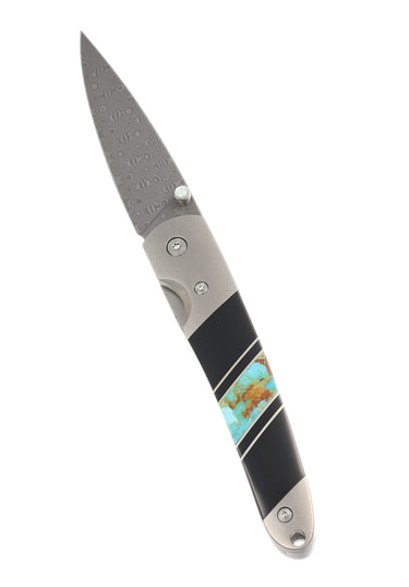 4" Liner Lock 110-Layer Stainless Damascus – Turquoise with Jet — open