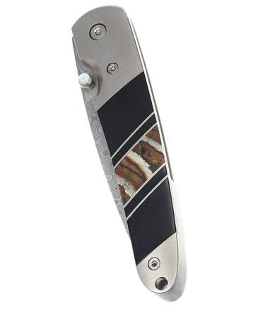 Woolly Mammoth Tooth Jewelry Collection 4" Damascus Liner Lock Knife with Clip, closed