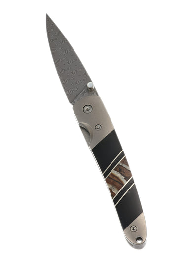 Woolly Mammoth Tooth Jewelry Collection 4" Damascus Liner Lock Knife with Clip, open, blade up