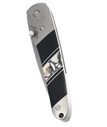 4" Liner Lock 110-Layer Stainless Damascus – White Mammoth Tusk with Jet — closed