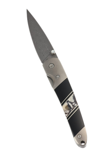 4" Liner Lock 110-Layer Stainless Damascus – White Mammoth Tusk with Jet — open