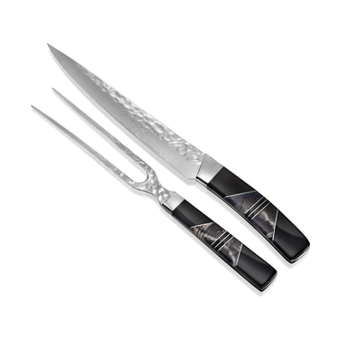 Hammer Damascus Carving Set, Fossilized Mammoth Tusk Handles, carving fork and knife