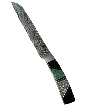 Hammered Damascus Bread Knife with Azurite and Bronze