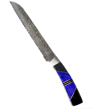 Hammered Damascus Bread Knife with Lapis and Jet