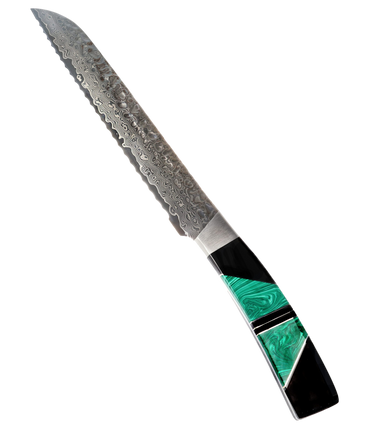 Hammered Damascus Bread Knife with Malachite