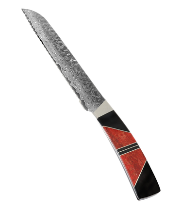 Hammer Damascus 9" Bread Knife, Red Sponge Coral with Jet handle