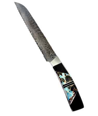 Hammered Damascus Bread Knife with Turquoise, Obsidian and Bronze