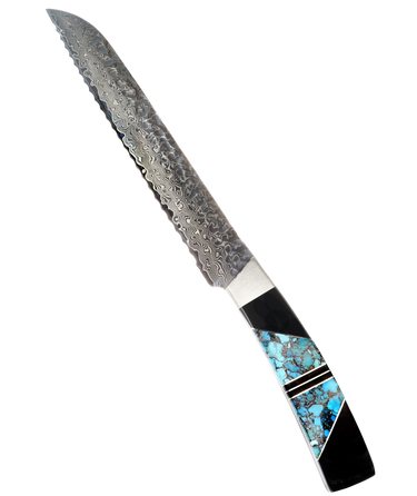 Hammer Damascus 9" Bread Knife, Turquoise with Jet and silver handle