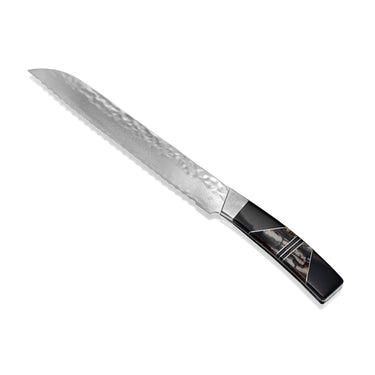 Hammer Damascus Bread Knife, Fossilized Mammoth Tusk Handle