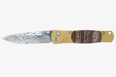 Tesoro Damasteel Button Lock 3½" — Natural Mammoth Tooth / Gold Cerakote — Open
