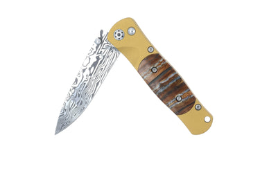 Tesoro Damasteel Button Lock 3½" — Natural Mammoth Tooth / Gold Cerakote — Style