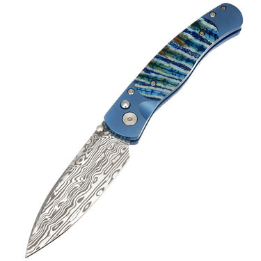 El Rey Damasteel Button Lock — Blue Mammoth Tooth / Blue Anodized Frame — Down
