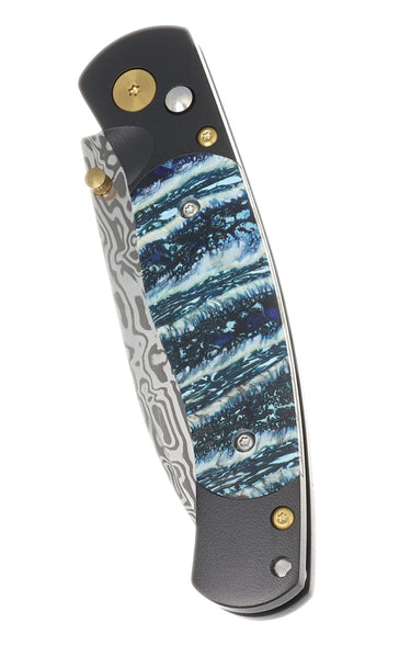 El Rey Damasteel Button Lock — Blue Mammoth Tooth / Black Cerakote, Gold PVD Hardware — Closed