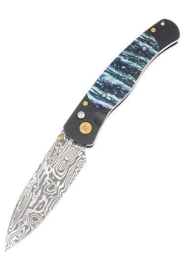 El Rey Damasteel Button Lock — Blue Mammoth Tooth / Black Cerakote, Gold PVD Hardware — Open Down