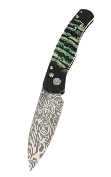 El Rey Damasteel Button Lock — Green Mammoth Tooth / Black Cerakote, Emerald Thumb Stud — Down