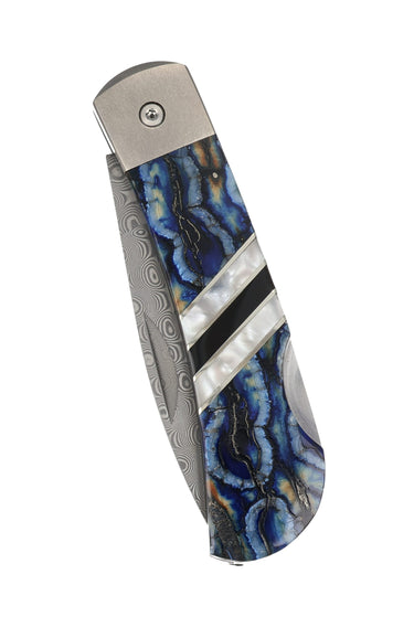 Titanium 3" Damascus Lock Back Fossilized Mammoth Tooth, Blue Mammoth Tooth with Jet and Mother of Pearl, closed