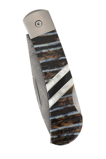 Titanium 3" Damascus Lock Back Fossilized Mammoth Tooth, Natural Mammoth Tooth with Jet and Mother of Pearl, closed