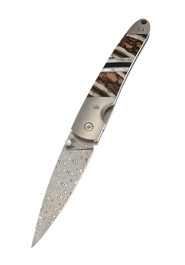 Titanium 4" Damascus Liner Lock Fossilized Mammoth Tooth, Mammoth Tooth Natural, open, blade down