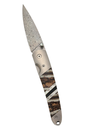 Titanium 4" Damascus Liner Lock Fossilized Mammoth Tooth, Mammoth Tooth Natural, open, blade up