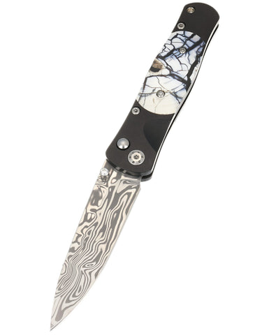 Tesoro Damasteel Button Lock 3½" — White Mammoth Tusk / Black Cerakote — Down