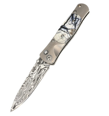 Tesoro Damasteel Button Lock 3½" — White Mammoth Tusk — Open Down