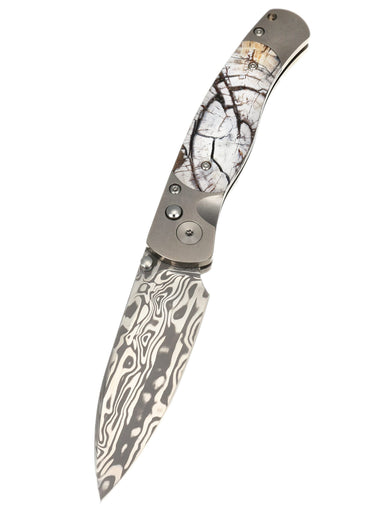 El Rey Damasteel Button Lock – White Mammoth Tusk — open, blade down