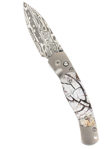 El Rey Damasteel Button Lock – White Mammoth Tusk — open