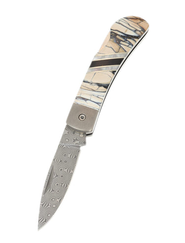 3" Lockback 110-Layer Stainless Damascus – White Mammoth Tusk — open, blade down