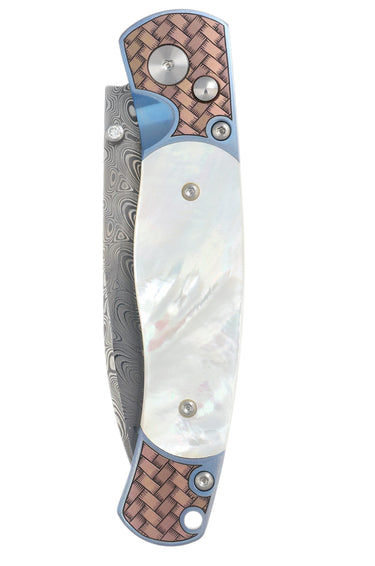 El Rey Button Lock Damasteel® Hakkapella | Mother of Pearl | Chipped in Metal Engraving — DMOP-CHIP 1