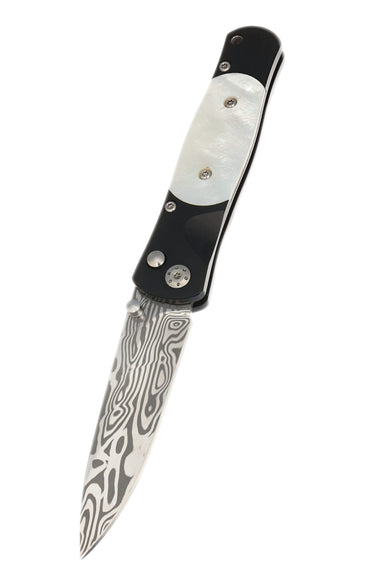 Tesoro Damasteel Button Lock 3½" — Mother-of-Pearl / Black Cerakote — Down