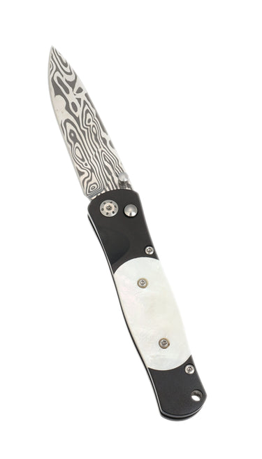 Tesoro Damasteel Button Lock 3½" — Mother-of-Pearl / Black Cerakote — Open