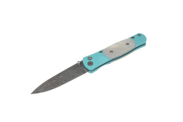 Tesoro Damasteel Button Lock 3½" — Mother-of-Pearl, Turquoise / Turquoise Cerakote — Blade Down